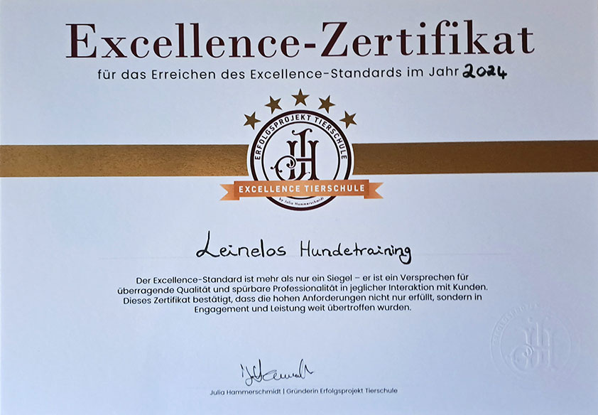 Excellence-Zertifikat fuer das Erreichen des Excellence-Standards im Jahr 2024 fuer Leinelos Hundetraining von Excellence Tierschule