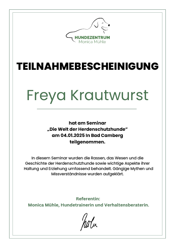 Teilnahmebescheinigung fuer Freya Krautwurst am Seminar fuer: Die Welt der Herdenschutzhunde