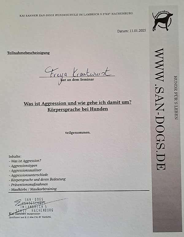 Teilnahmebescheinigung fuer Freya Krautwurst am Seminar: Was ist Aggression und wie gehe ich damit um? Koerpersprache bei Hunden