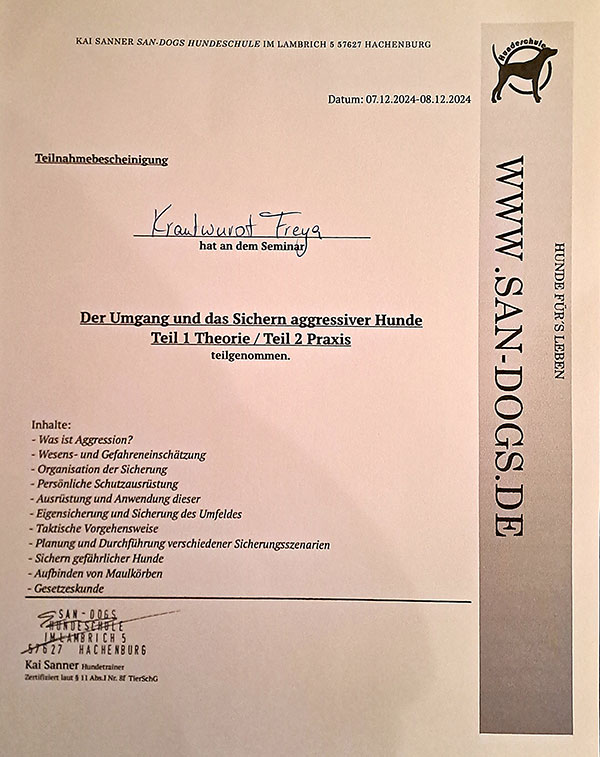 Teilnahmebescheinigung fuer Freya Krautwurst am Seminar: Der Umgang und das Sichern aggresiver Hunde